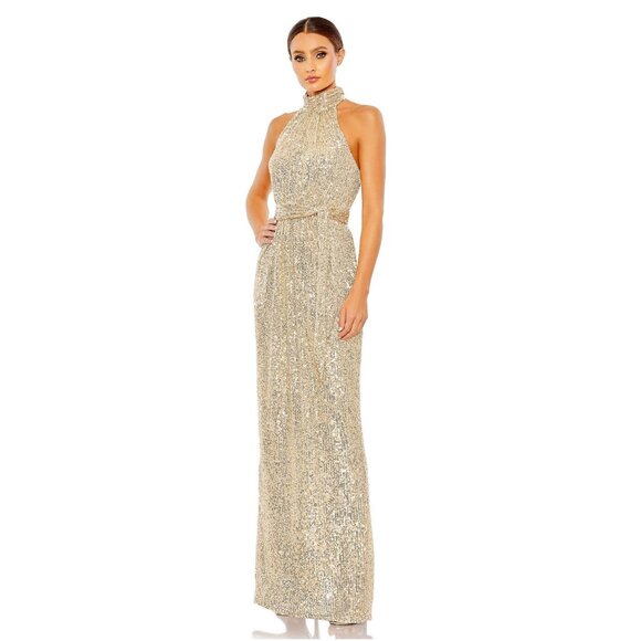 Mac Duggal Dresses & Skirts - NWT Mac Duggal Gold Sequined Halter Neck Belted Soft Tie Gown 8 #8624